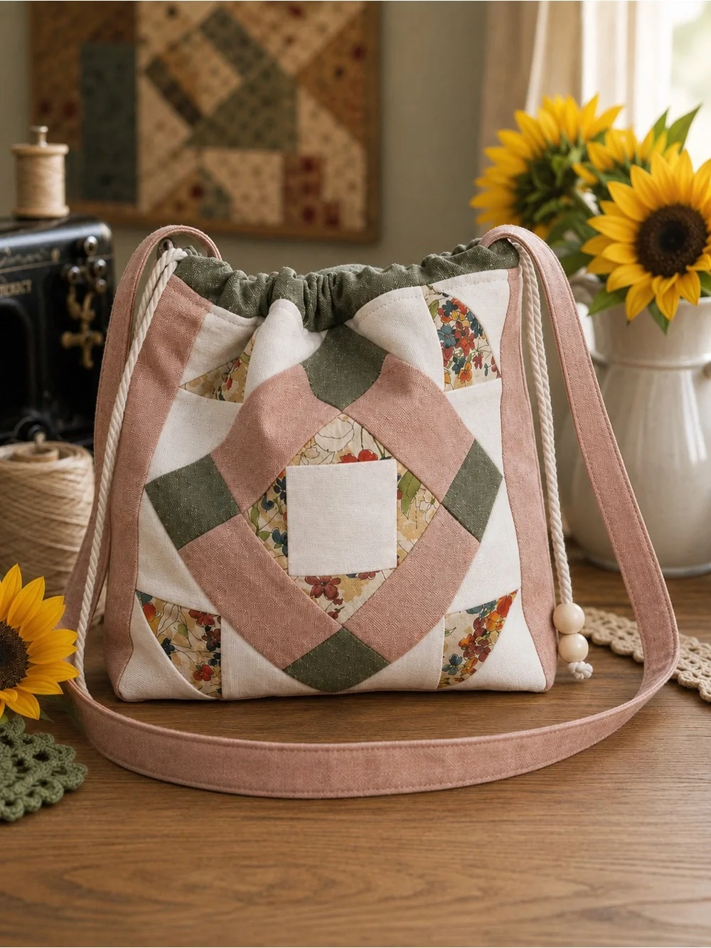 Patchwork Quilted Crossbody Purse in Pink and Green